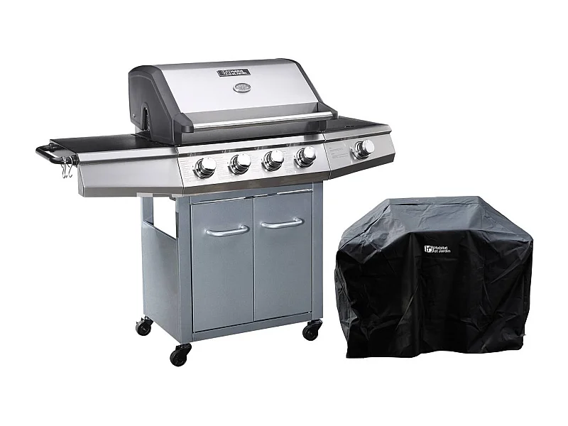 Barbecue gaz avec LED "Bingo 5" - 5 Brûleurs dont 1 latéral - 15.2kW + Housse protection - Argenté