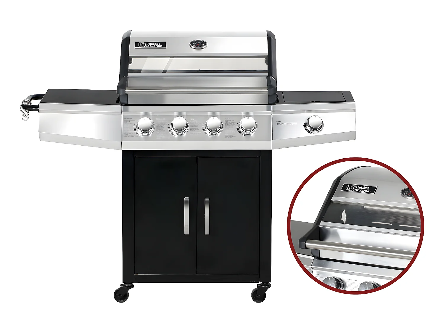 Barbecue gaz avec couvercle en verre "Bingo 5" - 4 brûleurs + 1 latéral + Housse protection - 15.2 kW - Noir