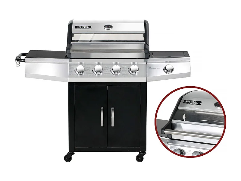 Barbecue gaz avec couvercle en verre "Bingo 5" - 4 brûleurs + 1 latéral + Housse protection - 15.2 kW - Noir