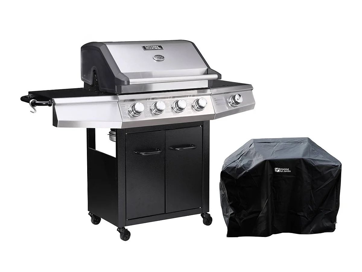 Churrasqueira a gás "Bingo 5" - 5 queimadores, incluindo 1 lateral - 15,2 kW + Capa protetora - Preto