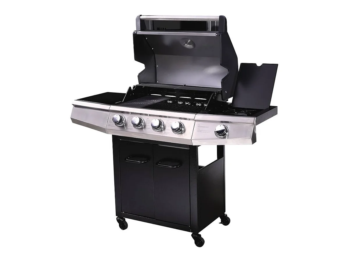 Churrasqueira a gás "Bingo 5" - 5 queimadores, incluindo 1 lateral - 15,2 kW + Capa protetora - Preto