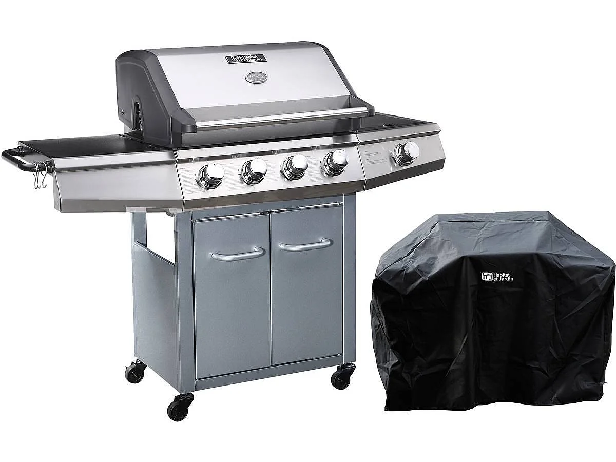 Gasgrill "Bingo 5" - 5 Brenner davon 1 Seitenbrenner - 15,2 kW + Schutzhülle - Schwarz