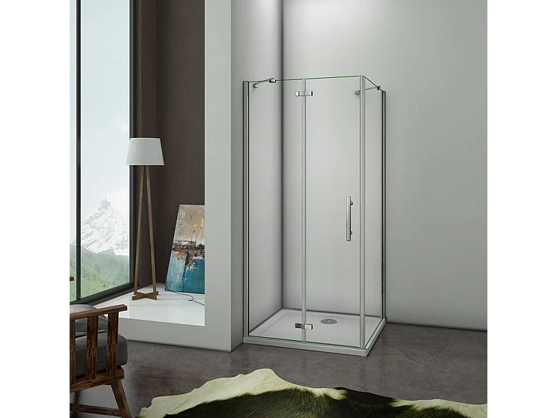 Cabine de douche pivotante 80x80x195cm, porte de douche 80cm + paroi latérale avec barre de fixation d'angle, en verre 6mm trempé
