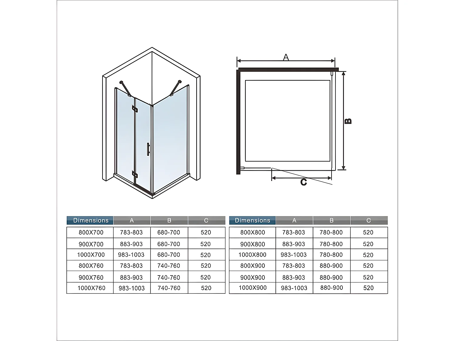 Cabine de douche pivotante 80x70x195cm, porte de douche 80cm + paroi latérale avec barre de fixation d'angle, en verre 6mm trempé