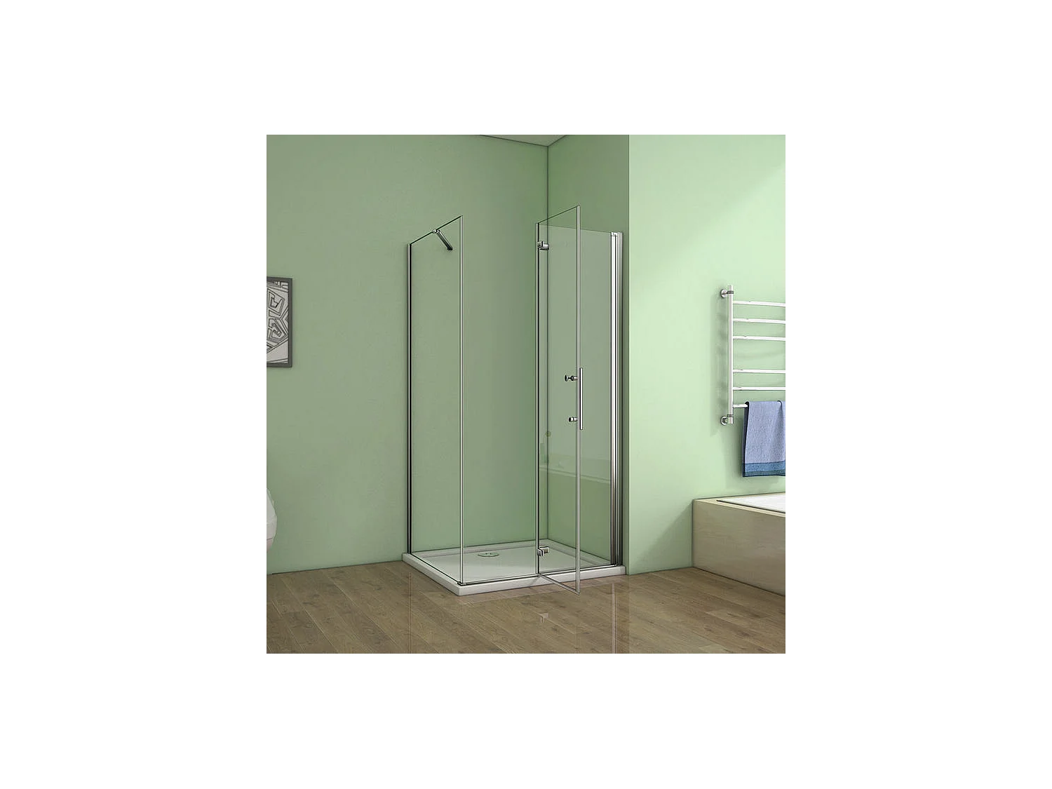 Cabine de douche pivotante et pliante 100x76x185cm en 6mm verre anticalcaire, porte de douche + paroi latérale avec barre fixée d'angle