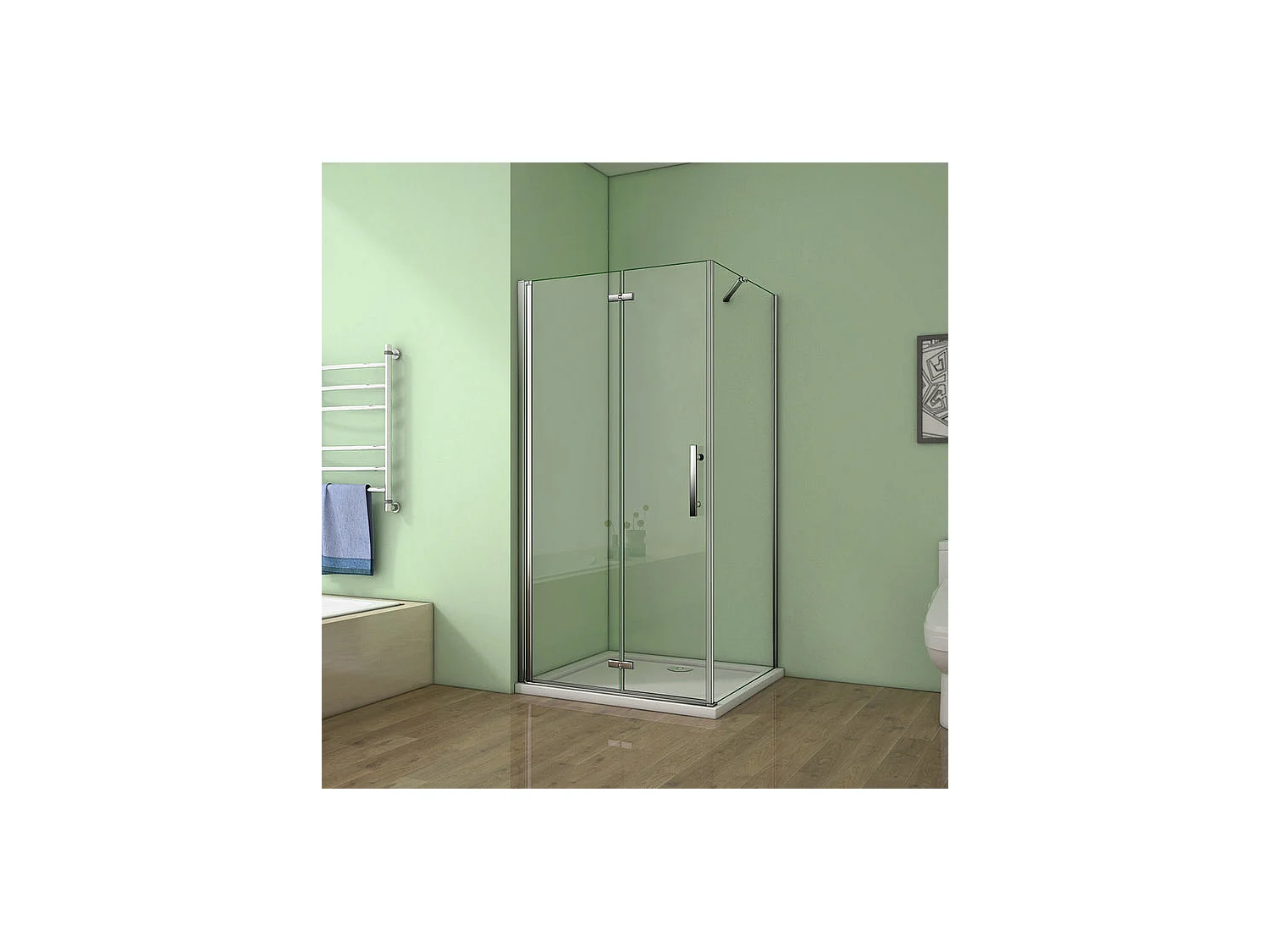 Cabine de douche pivotante et pliante 90x76x185cm en 6mm verre anticalcaire, porte de douche + paroi latérale avec barre fixée d'angle