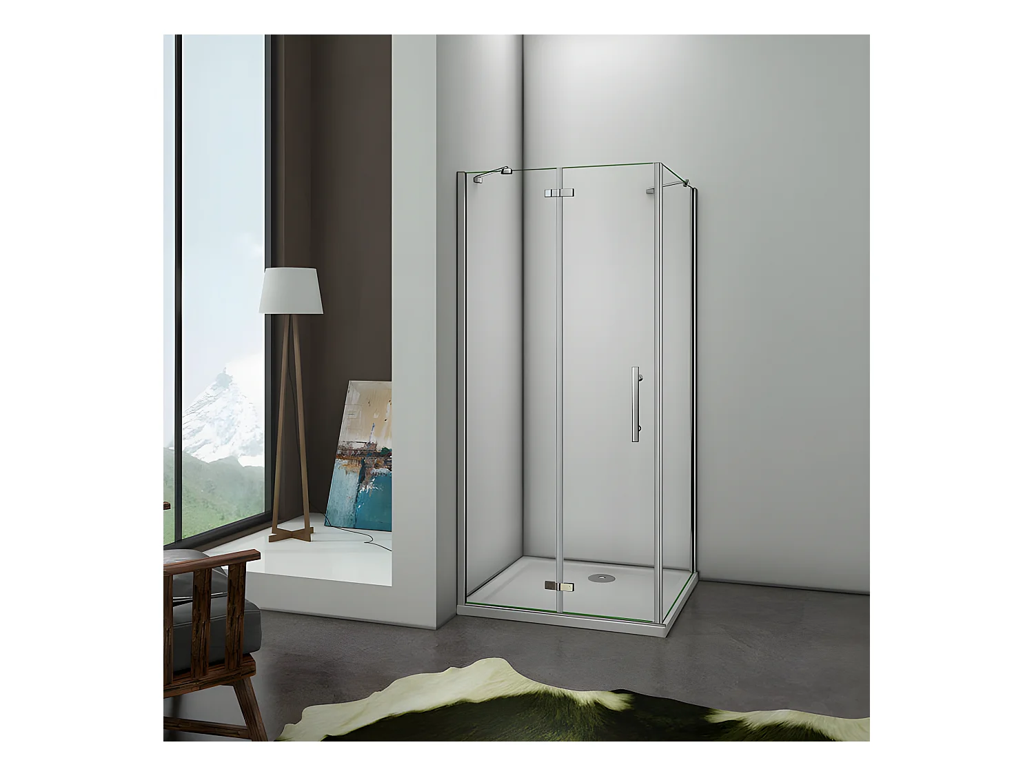 Cabine de douche pivotante 90x70x195cm, porte de douche 90cm + paroi latérale avec barre de fixation d'angle, en verre 6mm trempé