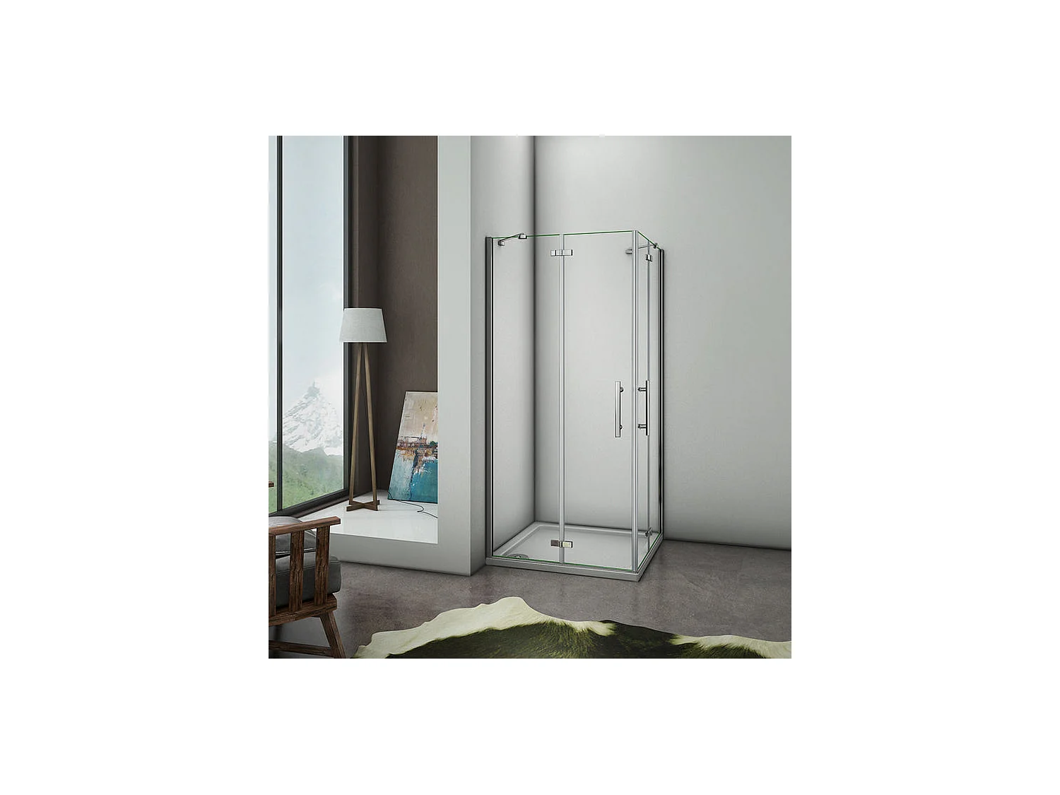 Cabine de douche battante 100x100x185cm en 6mm verre securit anticalcaire, porte de douche pivotante avec petite barre fixée d'angle