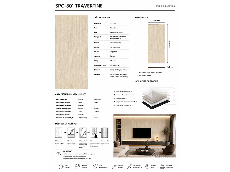 SPC-301 Plaque murale mat effet Travertin 600 x 1200 mm