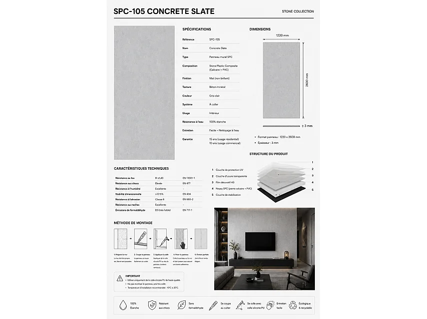 Plaque SPC décor effet pierre mat gris 260x122 cm – SPC-105, panneau mural étanche, 3 mm