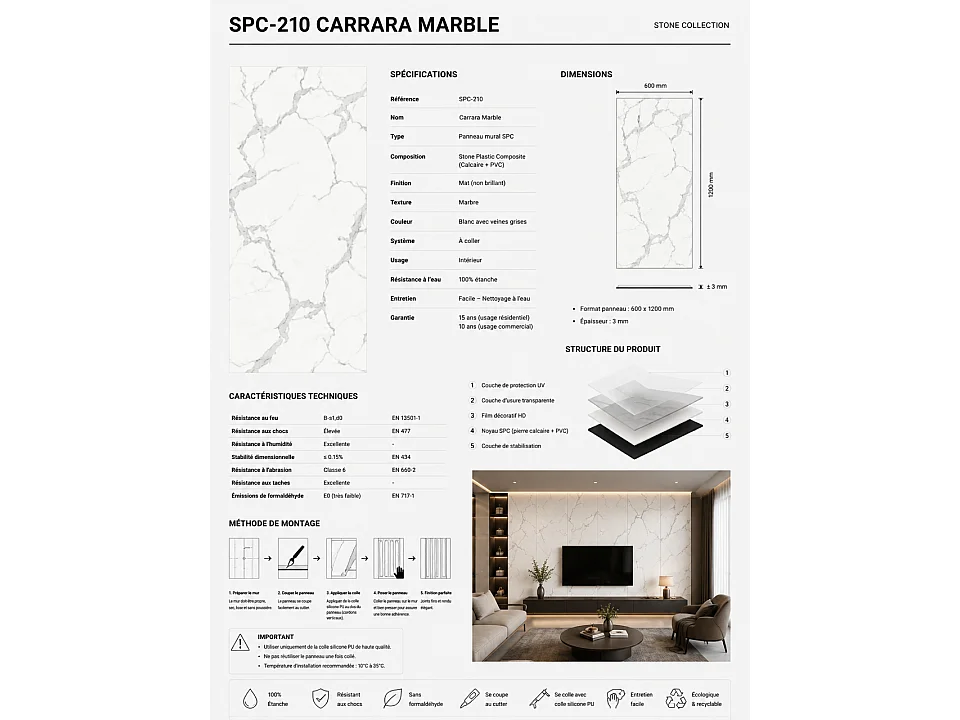 Plaque SPC mat effet marbre Carrara 600 x 1200 mm - 3 mm, étanche, usage mur et sol