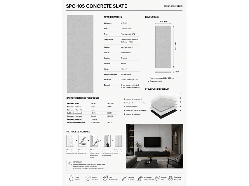 SPC 105 Plaque murale effet pierre mat 600 x 1200 mm
