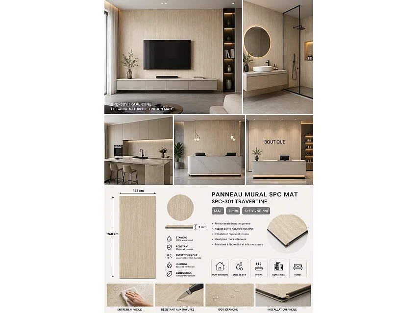 Plaque SPC Travertin 260x122 cm - Revêtement mural décoratif mat SPC-301