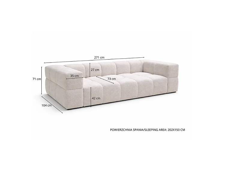 RUBI – sofa 3-osobowa z funkcją spania 150x202 cm, tkanina Anthology 20 biała