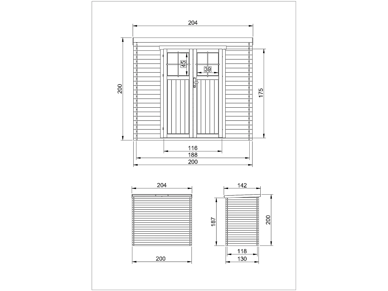 Holz Gartenhaus mit imprägniertem Holzboden - 142x204xH206 cm / 2.22 m² - M311F1+M311G
