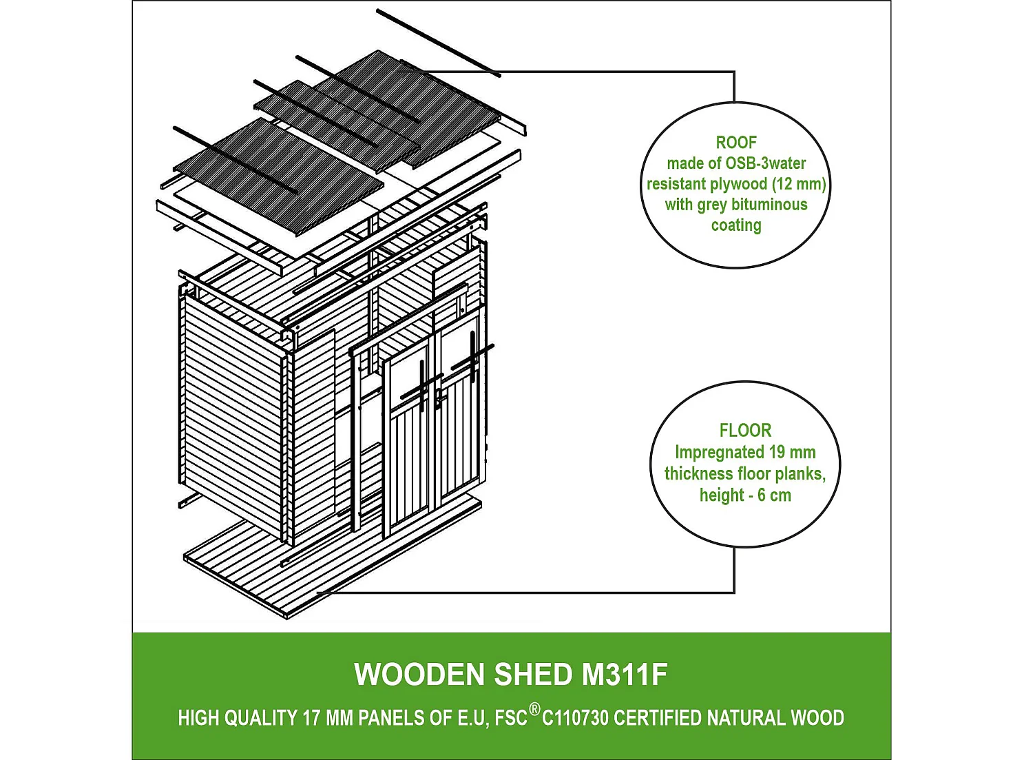 Holz Gartenhaus mit imprägniertem Holzboden - 142x204xH206 cm / 2.22 m² - M311F1+M311G