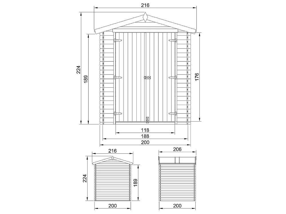 Abri de Jardin en Bois avec sol traité - 206x216xH224 cm / 3.53 m² - M343C1+M343G