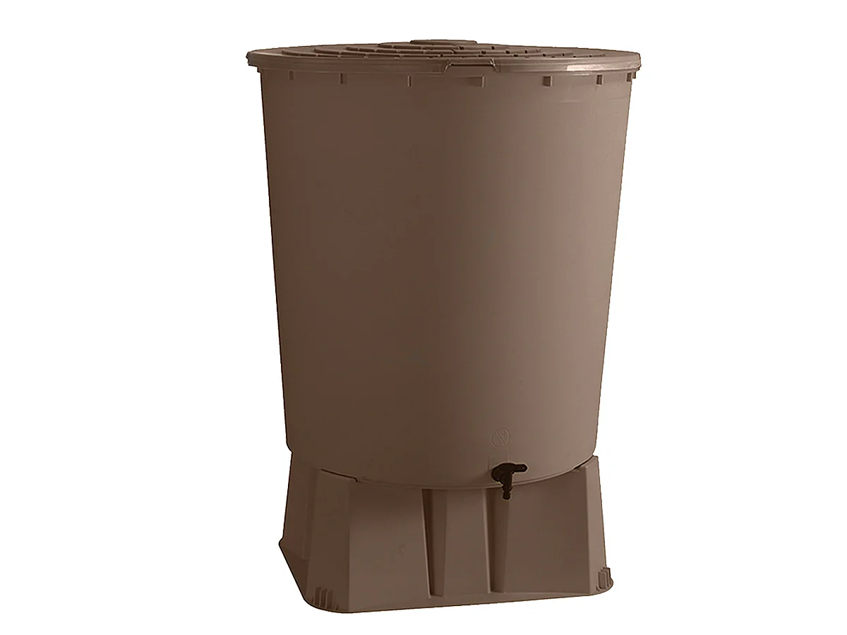 Récupérateur d'eau de pluie rond 500 L + Socle + Kit collecteur - Taupe - BelliJardin