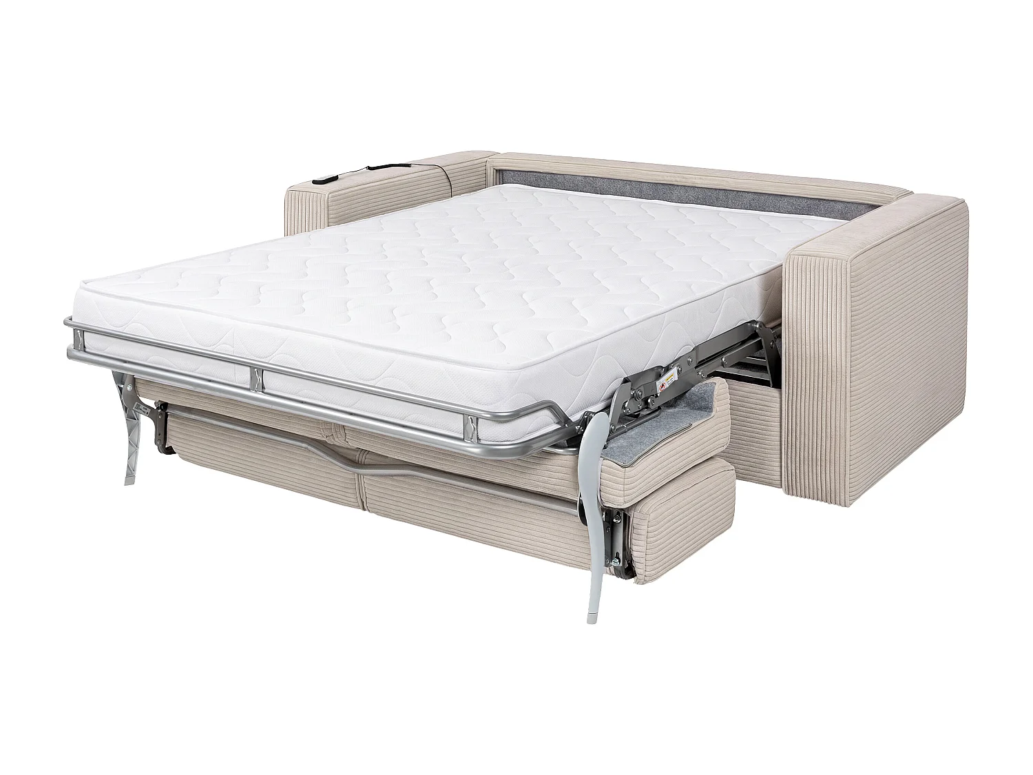 Canapé 4 places convertible express électrique en velours côtelé beige - Couchage 160 cm - Matelas 18 cm LORETO