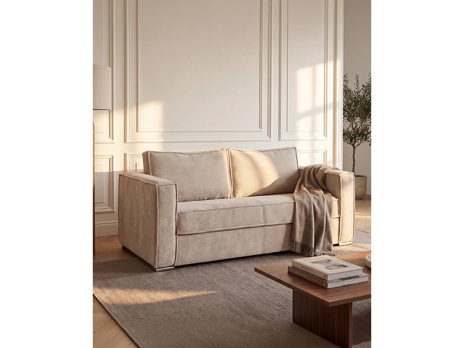 Canapé 4 places convertible express électrique en velours côtelé beige - Couchage 160 cm - Matelas 18 cm LORETO