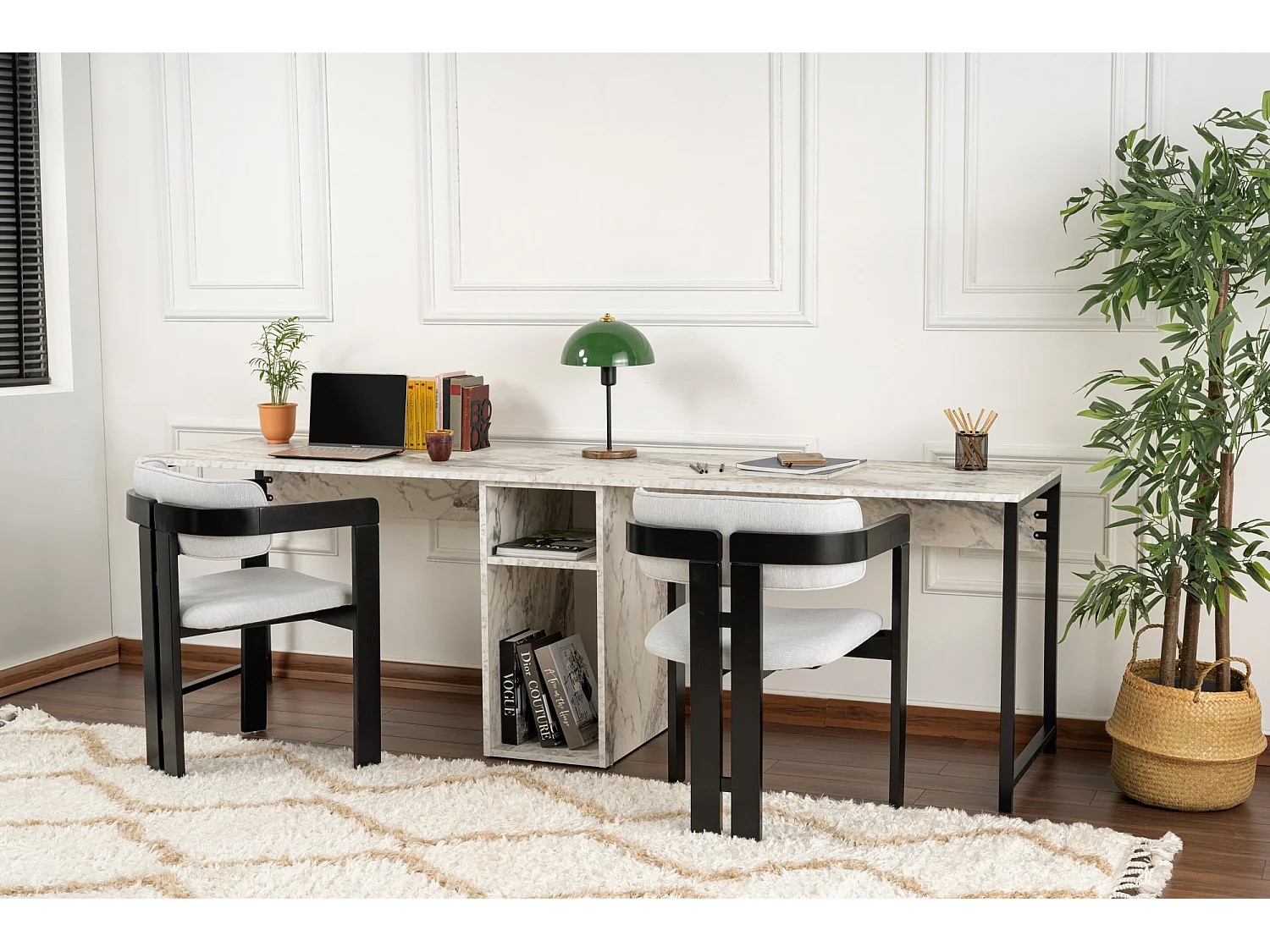 Dubbel skrivbord med 2 trähyllor - Vit marmorerad - 240 x 60 x 74 cm