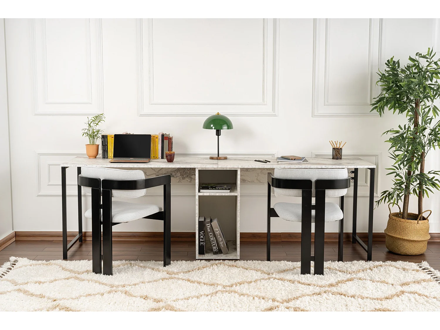 Dubbel skrivbord med 2 trähyllor - Vit marmorerad - 240 x 60 x 74 cm