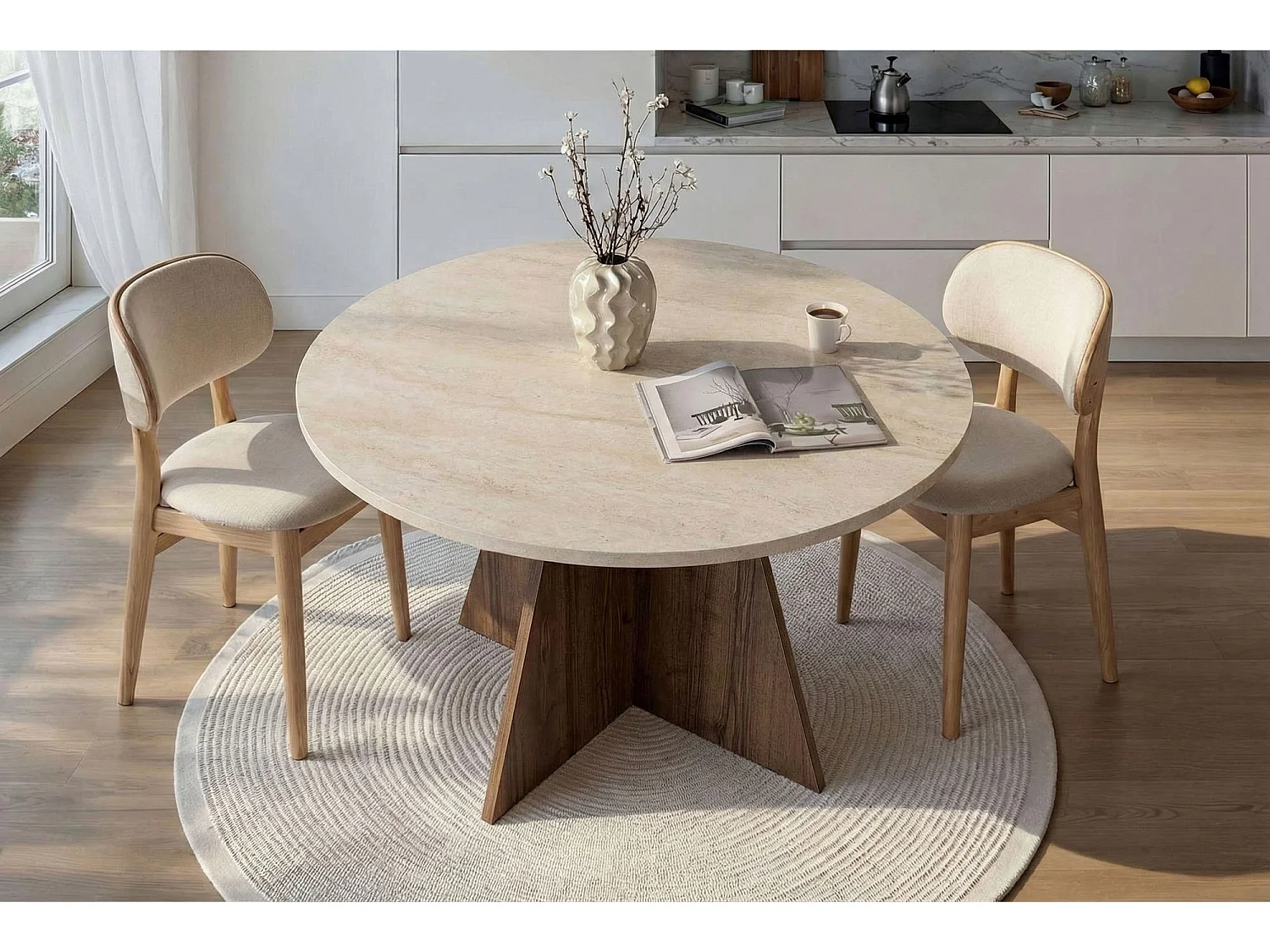 Table à manger en bois "Virella" - 120 x 120 x 75 cm - Travertin