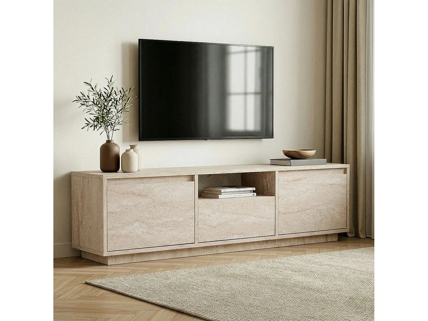 "Sentinel" Trä-tv-bänk - Travertinfärg - 160 x 30 x 42 cm