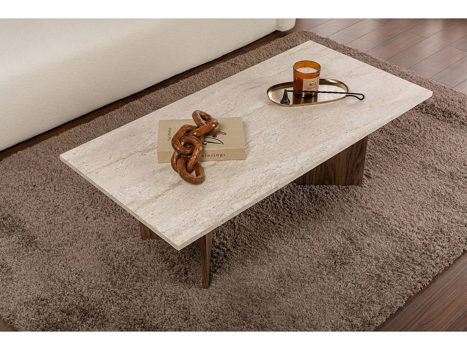 "Sabin" Trä Kaffebord - Elegant Travertin & Valnöt Design - 119 x 60 x 40 cm