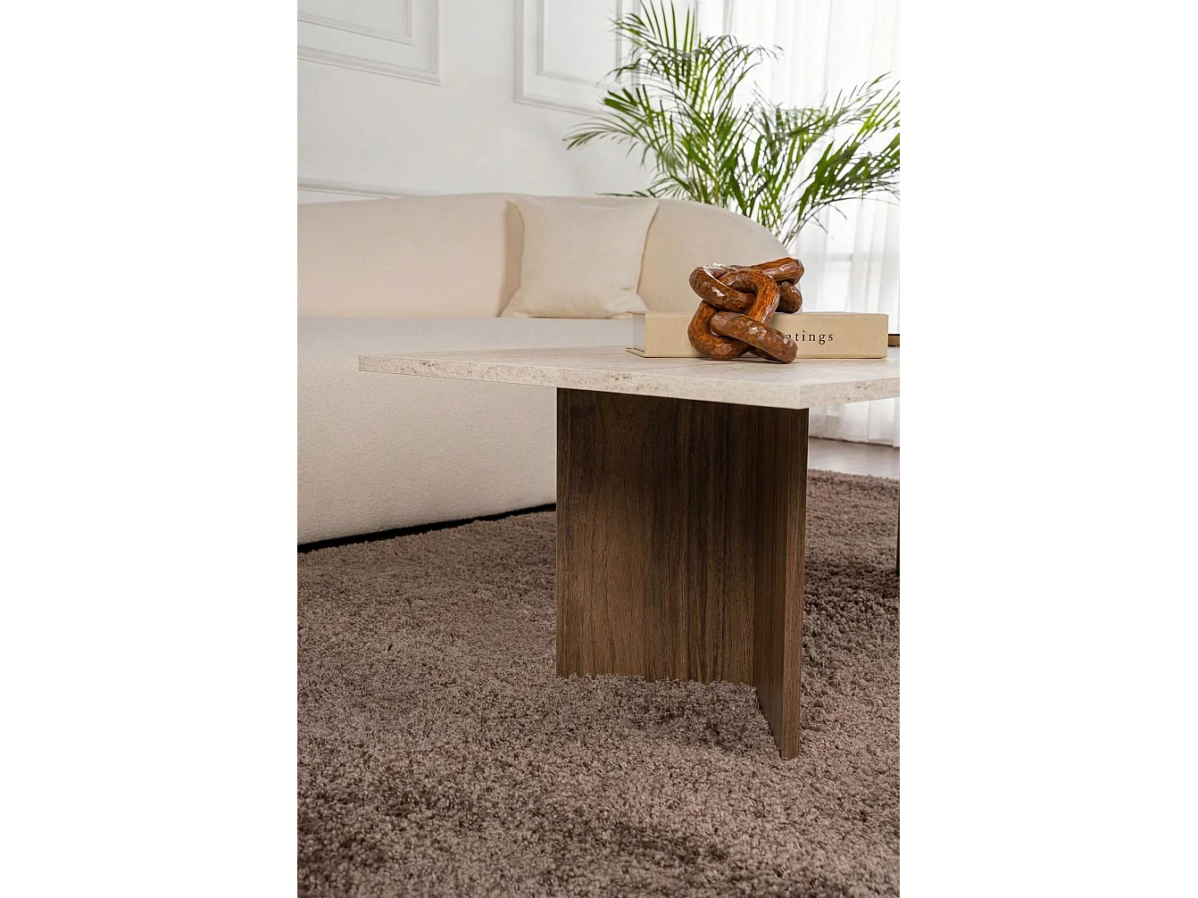 "Sabin" Trä Kaffebord - Elegant Travertin & Valnöt Design - 119 x 60 x 40 cm