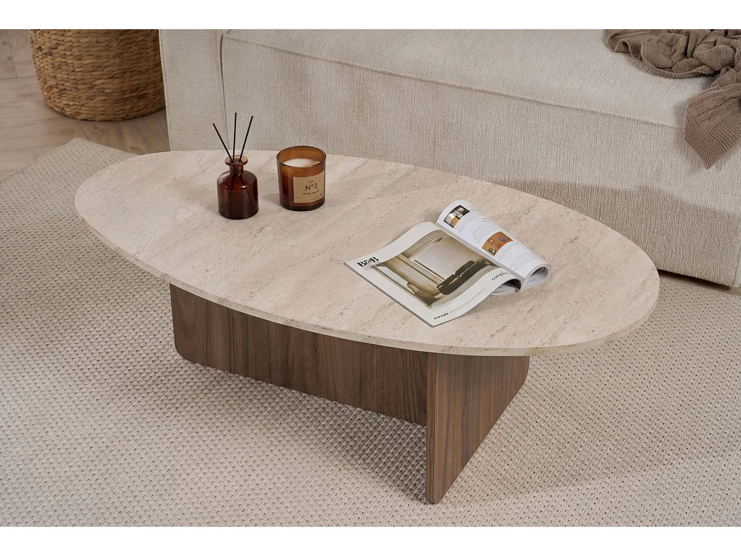 "Orba" Träsoffbord - Elegant Travertin & Valnötsfinish - 120 x 65 x 40 cm