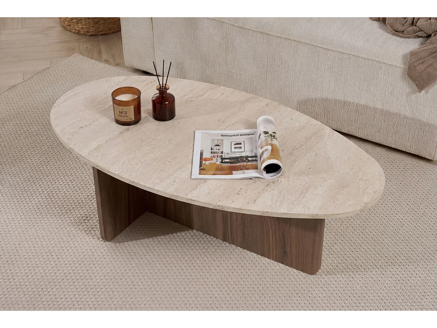Table basse en bois "Orba" - 120 x 65 x 40 cm - Travertin
