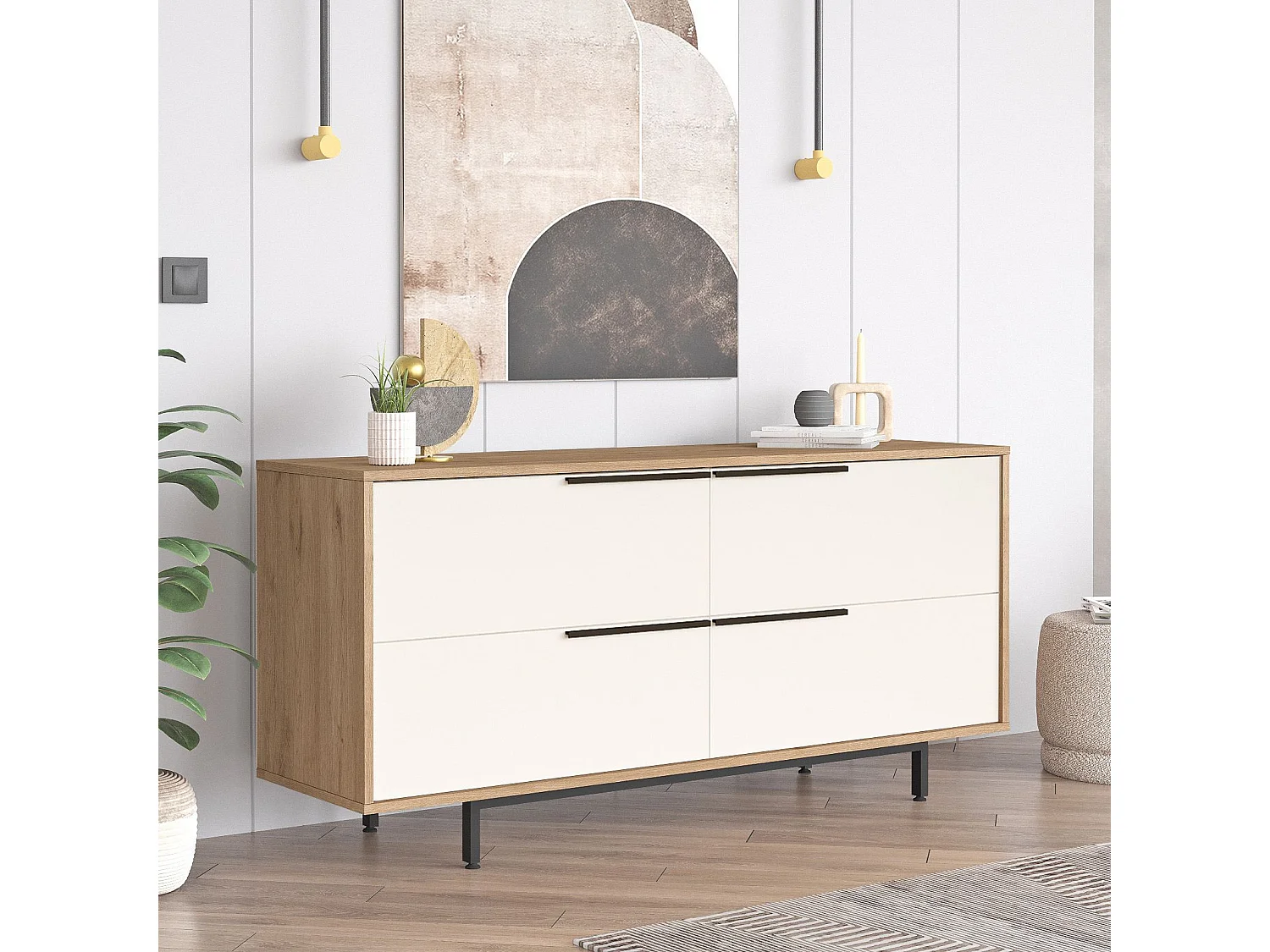 Modern Ek och Vit Trä Sideboard med Metallben - 160 x 44 x 74 cm