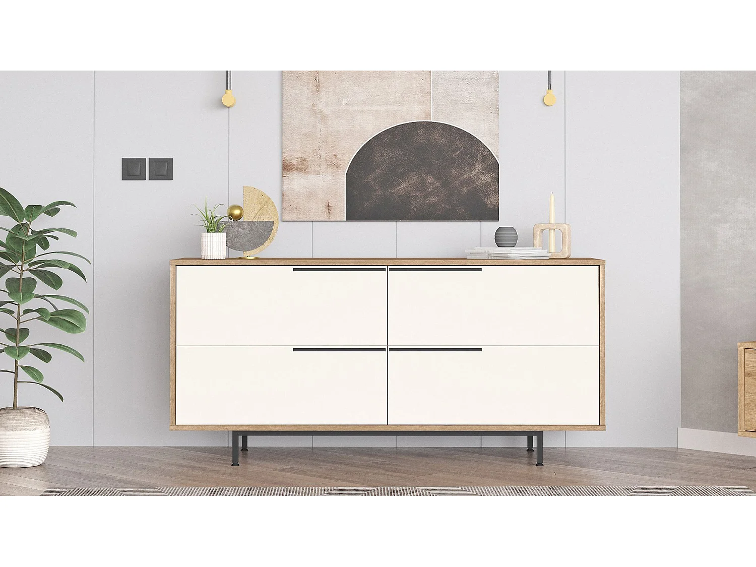 Modern Ek och Vit Trä Sideboard med Metallben - 160 x 44 x 74 cm