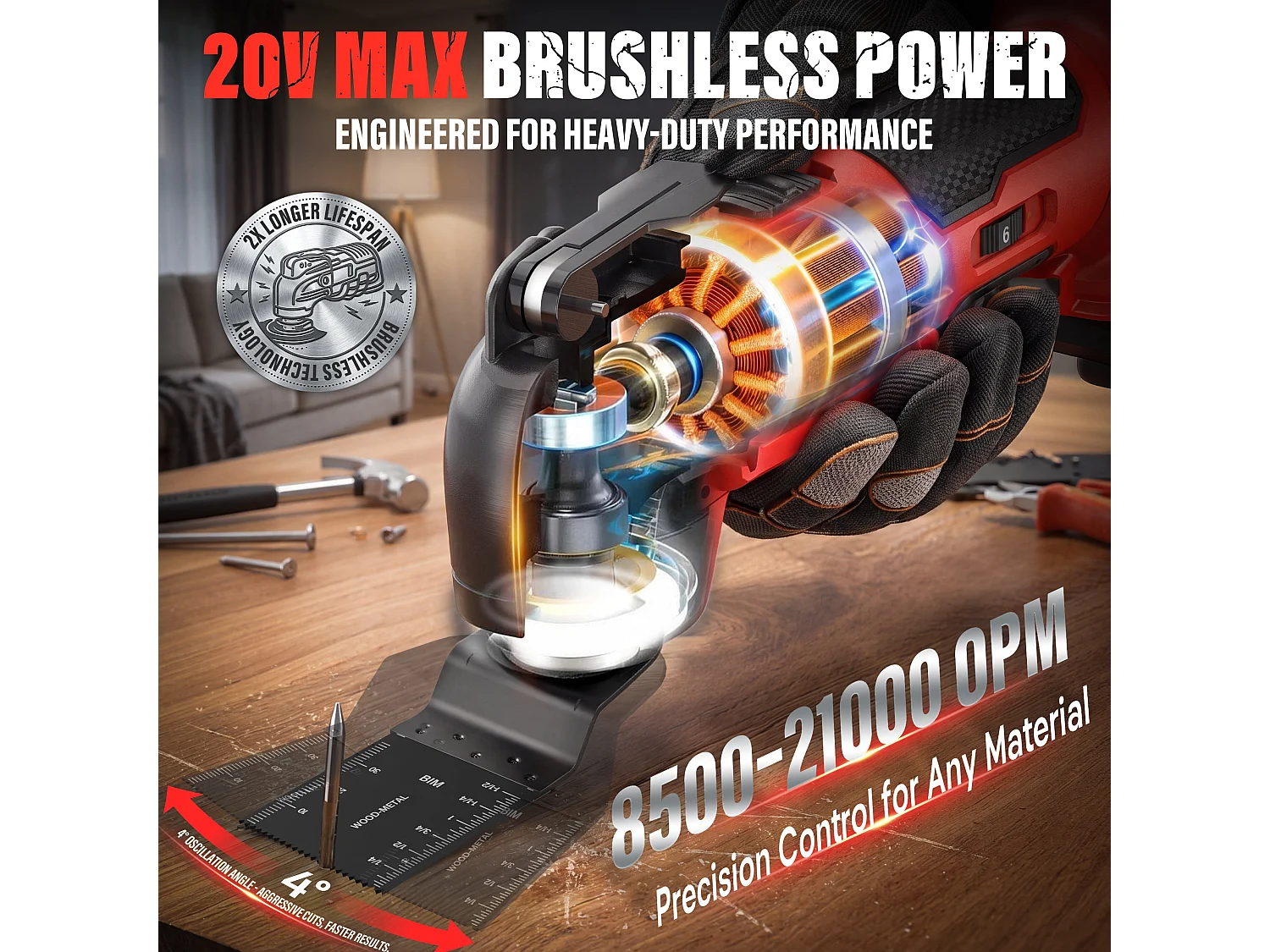 Outil Multifonction Oscillant 20V, 1*4.0A Batterie, Brushless Outil Multifonction Sans Fil avec 6