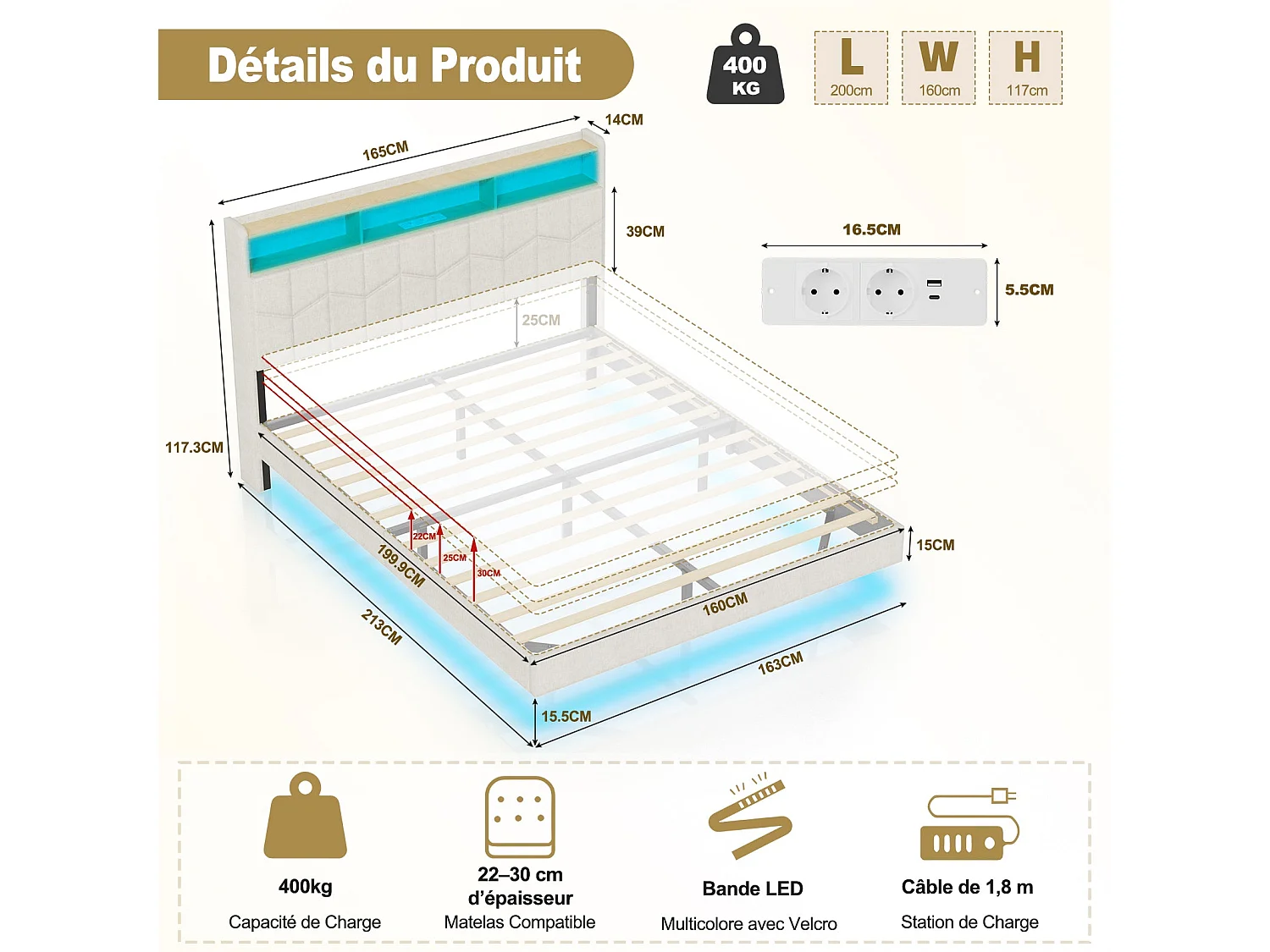 Lit Flottant 140x190 avec Sommier à Lattes Lit Double avec Éclairage LED