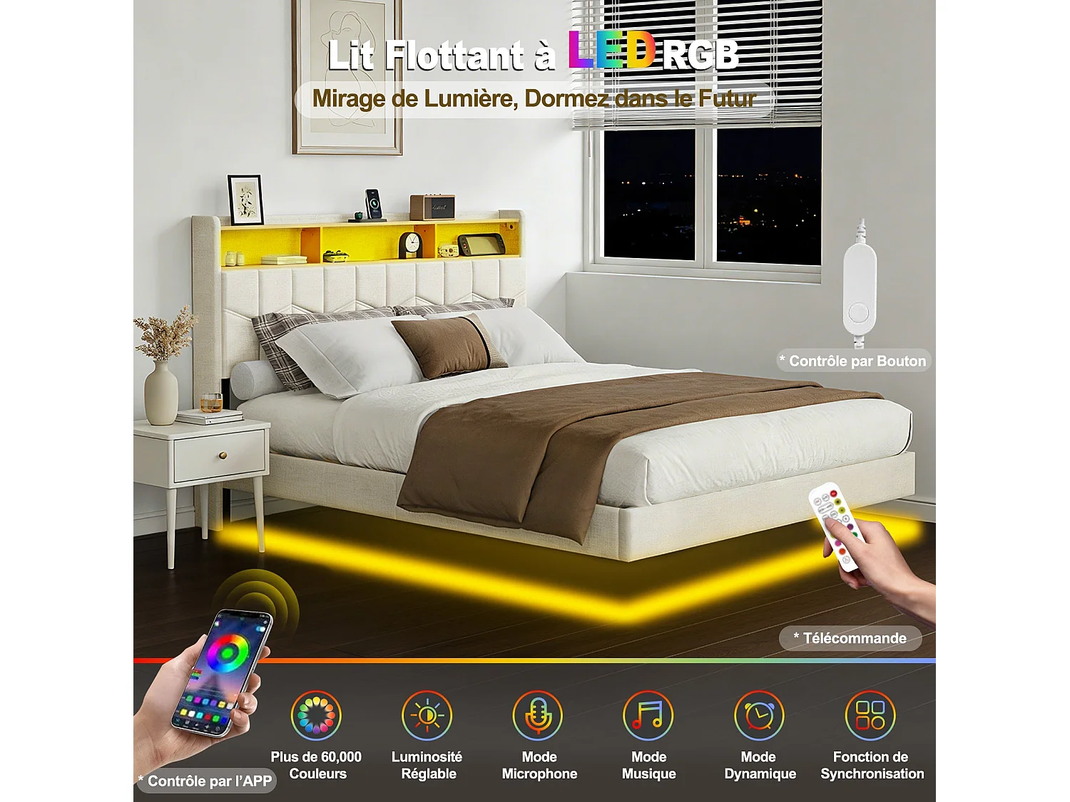 Lit Flottant 140x190 avec Sommier à Lattes Lit Double avec Éclairage LED