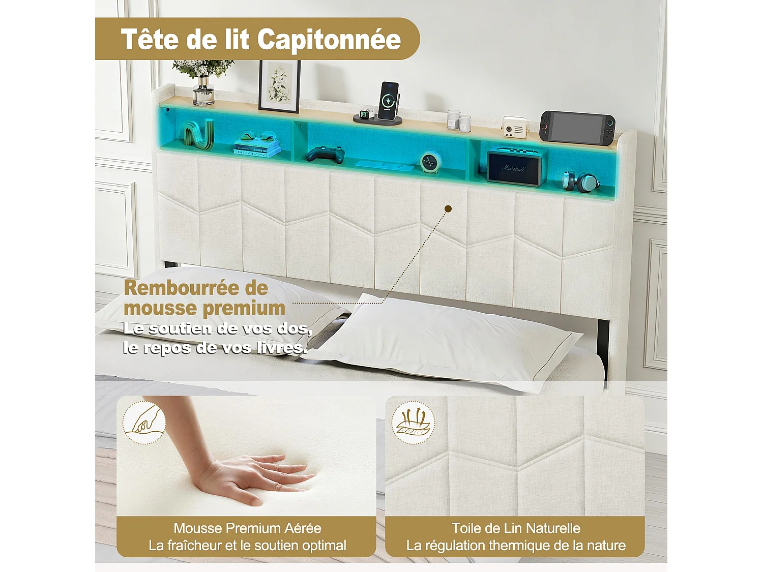 Lit Flottant 140x190 avec Sommier à Lattes Lit Double avec Éclairage LED