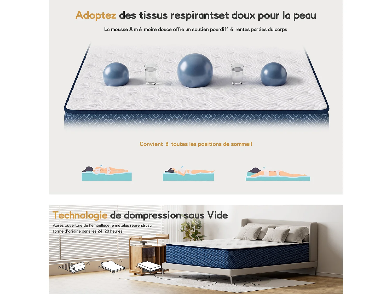 Matelas 140x200 cm - Epaisseur 26 cm -H3 Moyenne Ferme- 7 Zones de Confort - Deux Faces