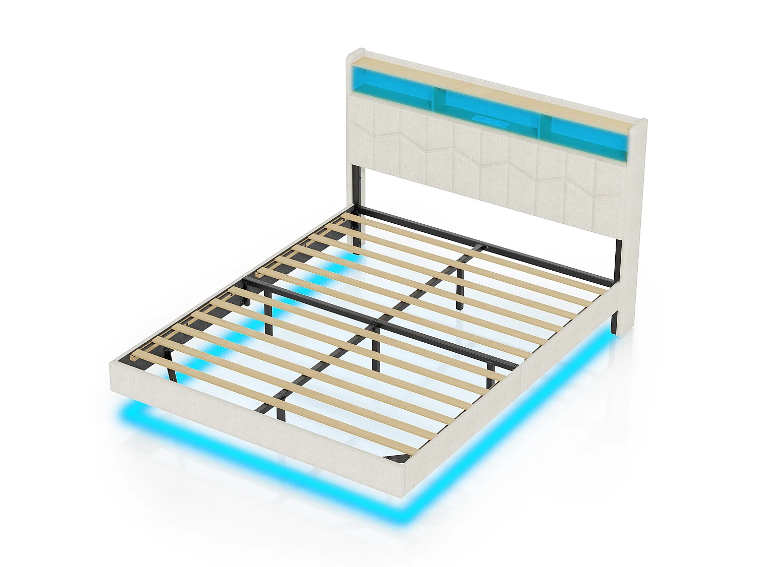Lit Flottant 160x200 avec Sommier à Lattes Lit Double avec Éclairage LED