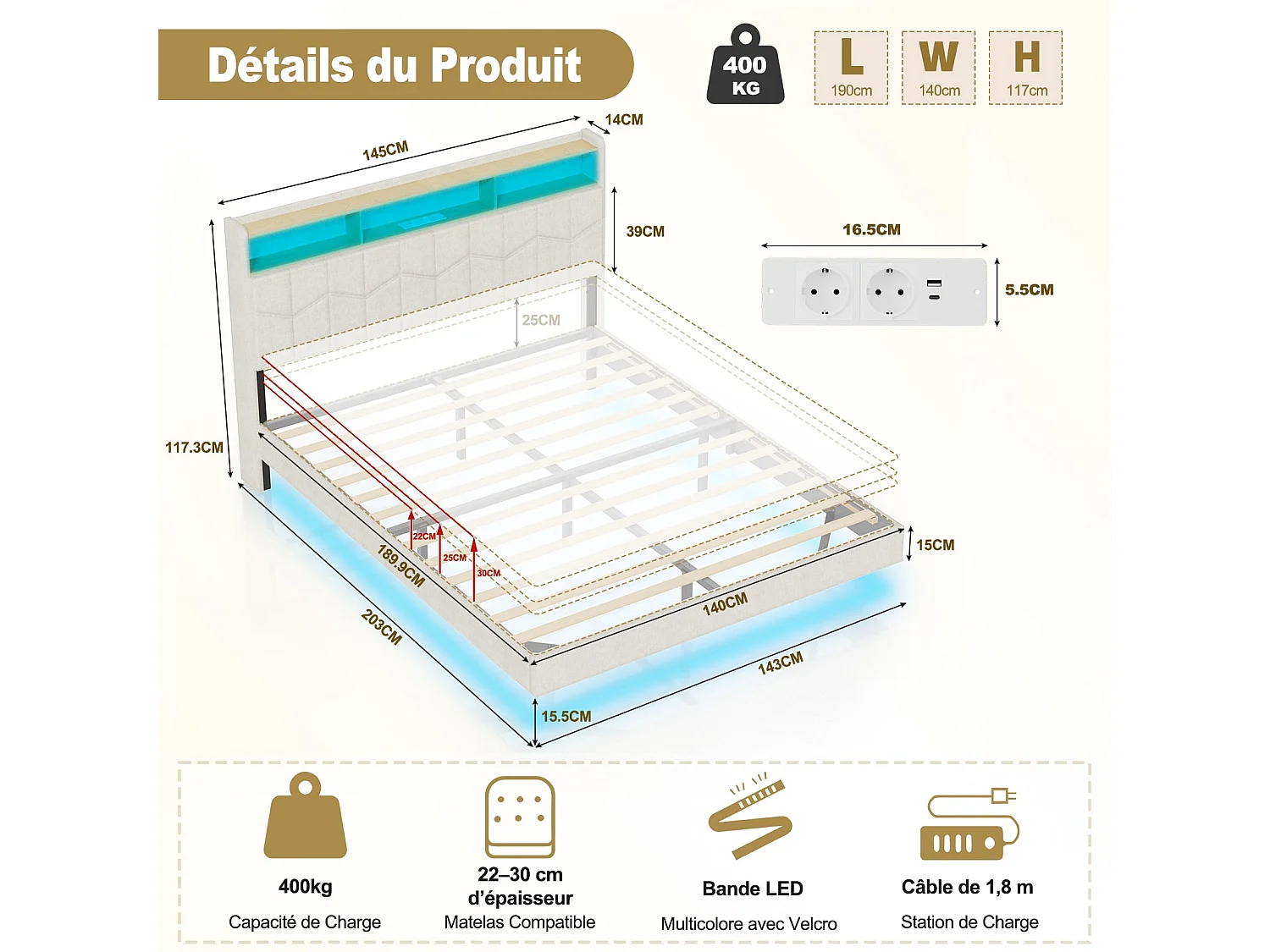 Lit Flottant 160x200 avec Sommier à Lattes Lit Double avec Éclairage LED