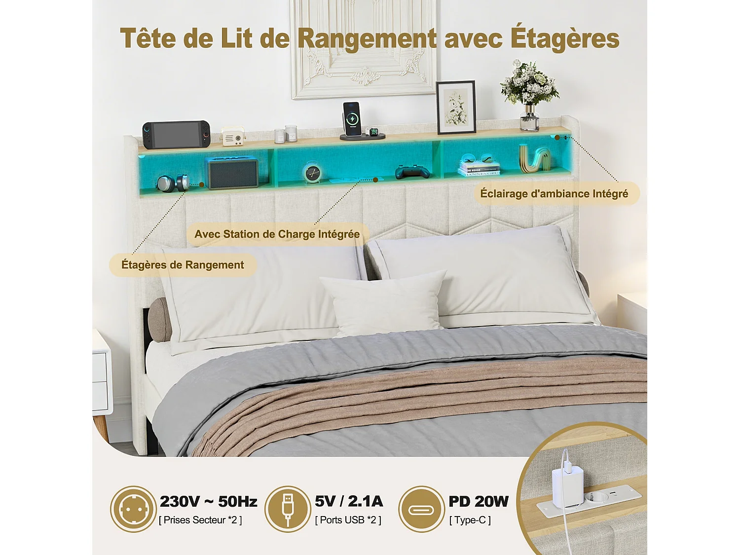 Lit Flottant 160x200 avec Sommier à Lattes Lit Double avec Éclairage LED