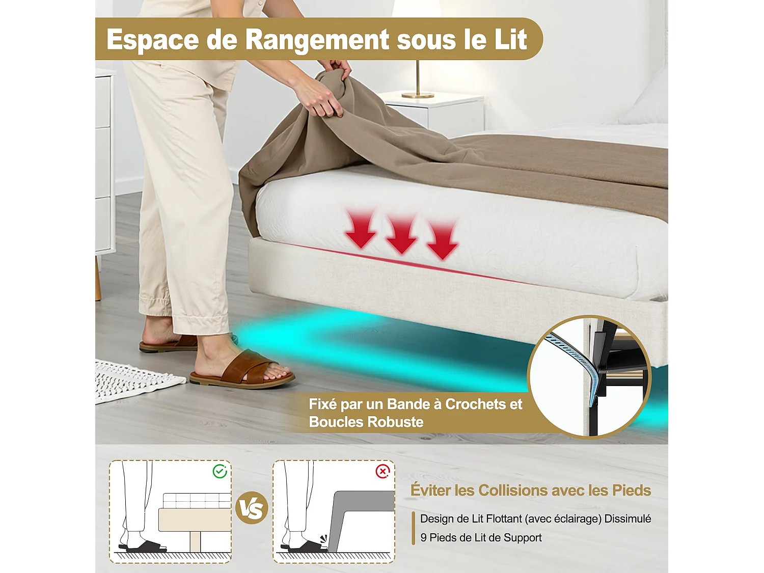 Lit Flottant 160x200 avec Sommier à Lattes Lit Double avec Éclairage LED