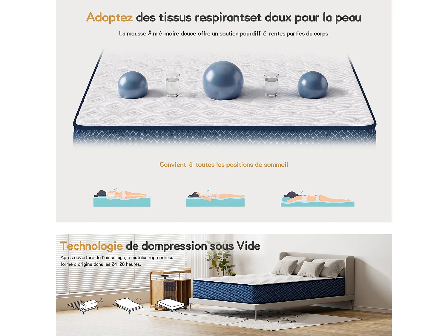 Matelas 90x200 cm - Epaisseur 26 cm -H3 Moyenne Ferme- 7 Zones de Confort - Deux Faces