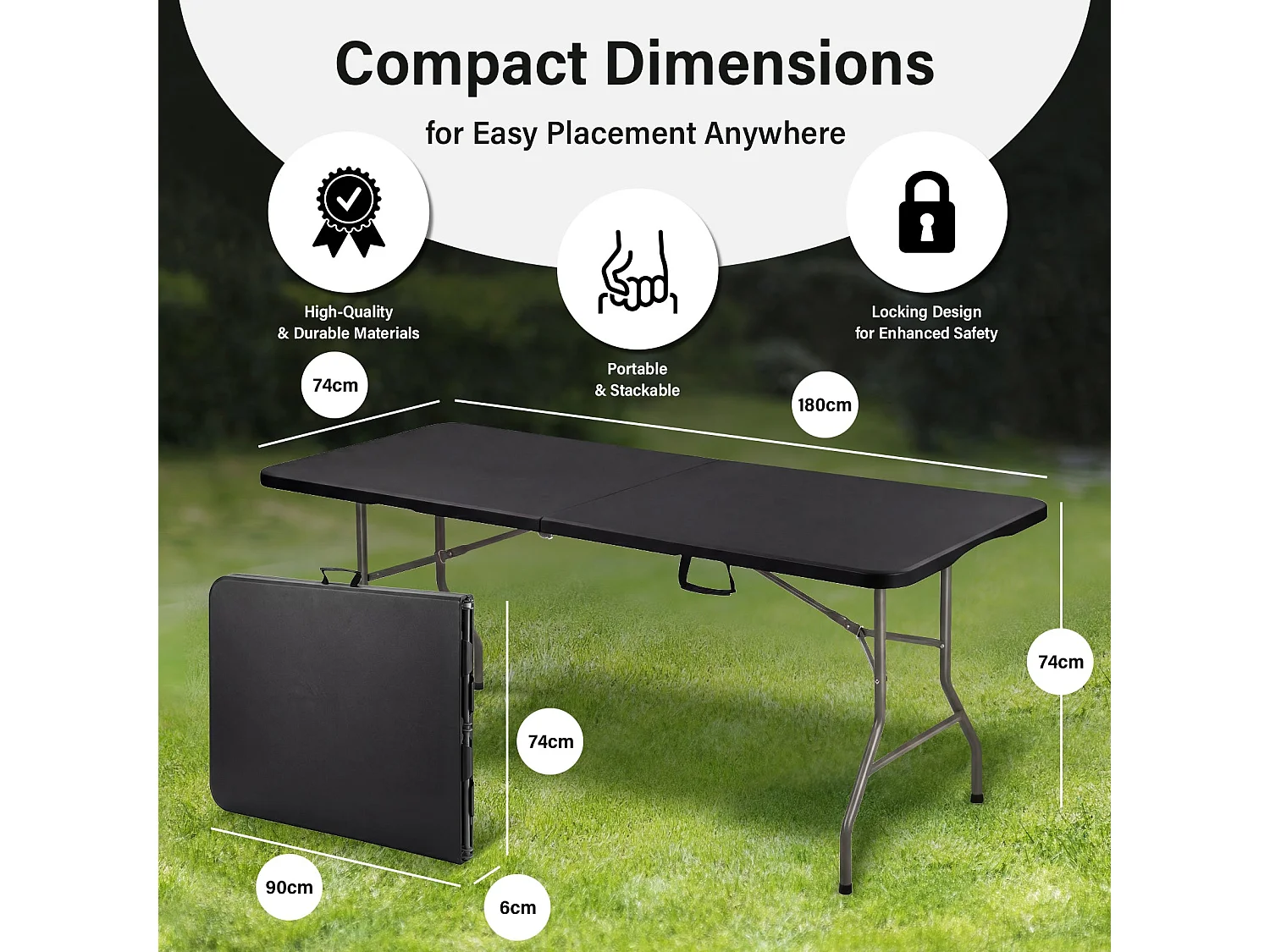 Table pliante 180 x 74 x 74 cm, 6 ou 8 places, table pliante d'extérieur avec verrou de sécurité,