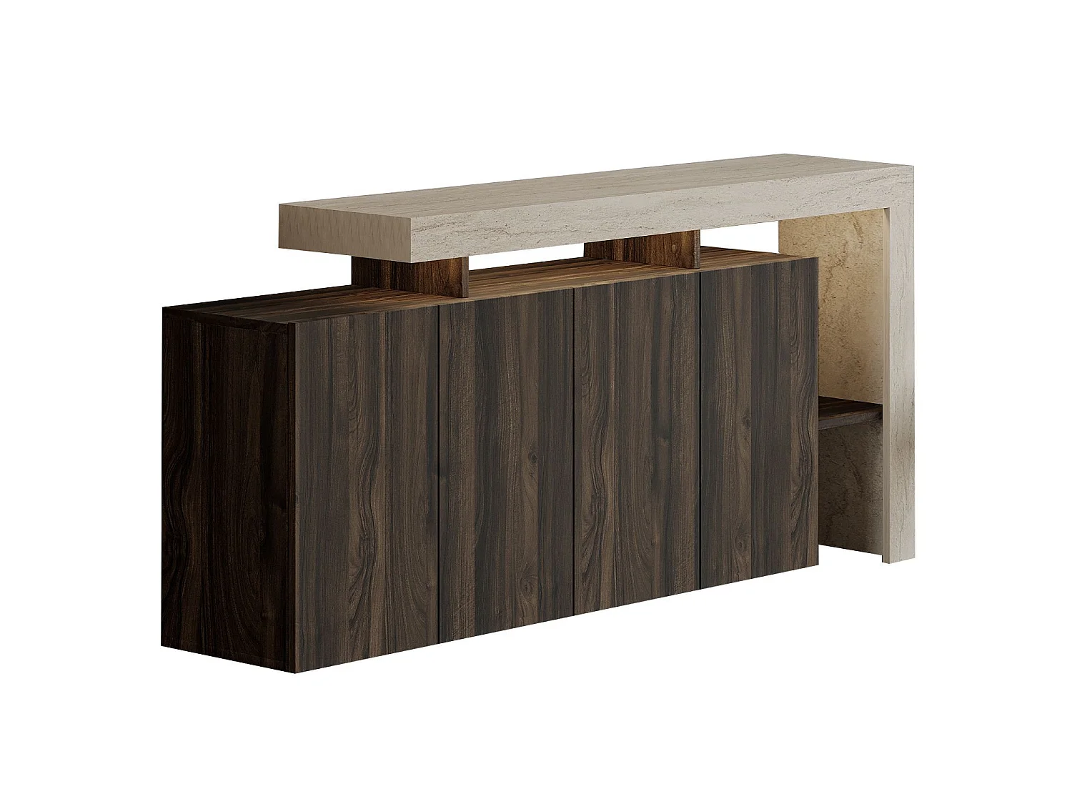 Modern Travertin/Valnötssideboard med LED-belysning - 170 x 35 x 80 cm