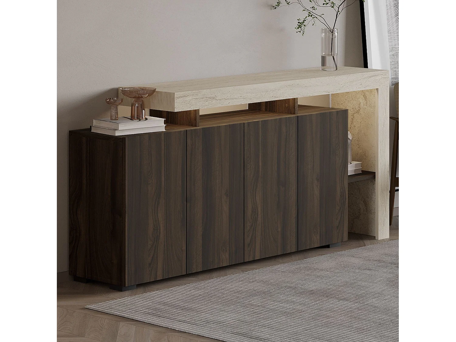 Modern Travertin/Valnötssideboard med LED-belysning - 170 x 35 x 80 cm