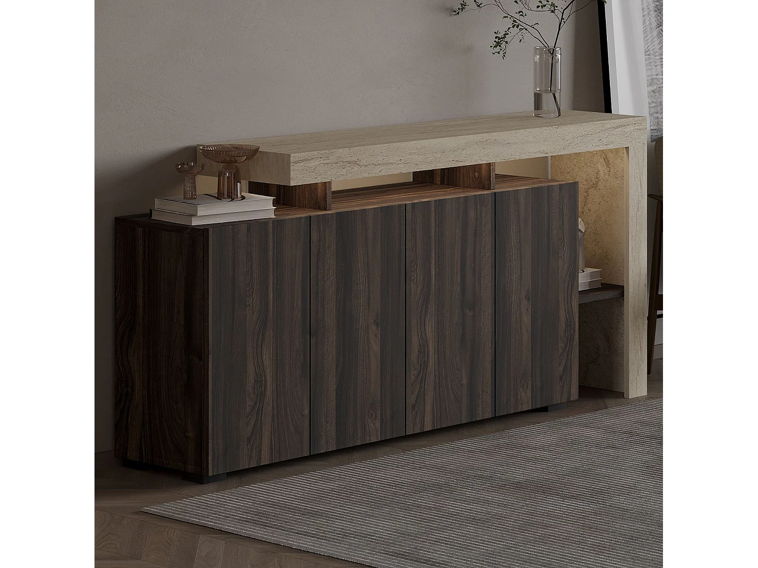 Modern Travertin/Valnötssideboard med LED-belysning - 170 x 35 x 80 cm