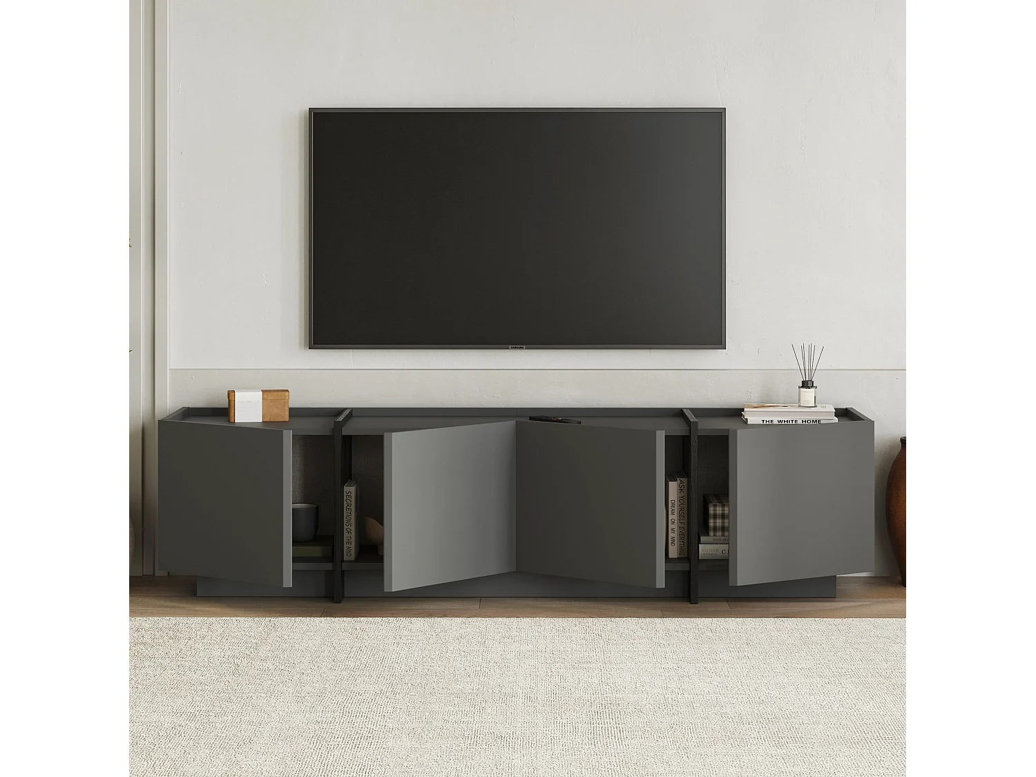 "Lowen" Trä TV-bänk - Modern design i antracit/svart - 180 x 35 x 46 cm