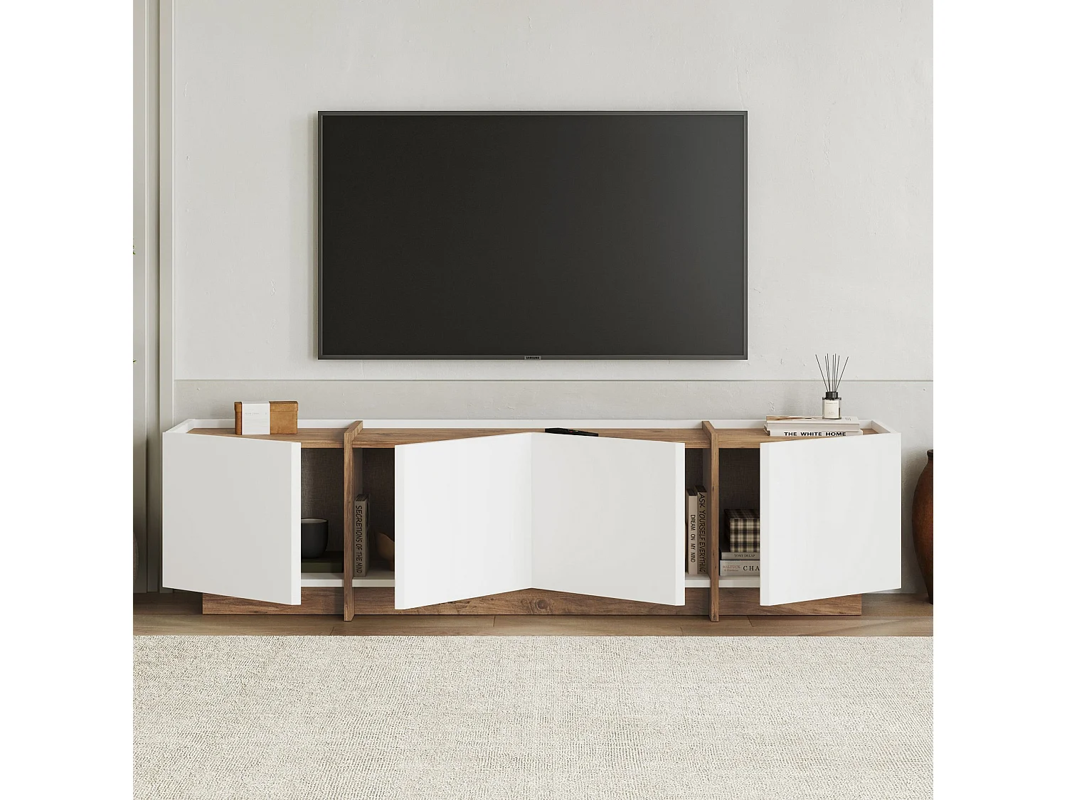 "Lowen" Modern TV-stativ - Vit / Atlantic tall - 180 x 35 x 46 cm - Soft-Close gångjärn